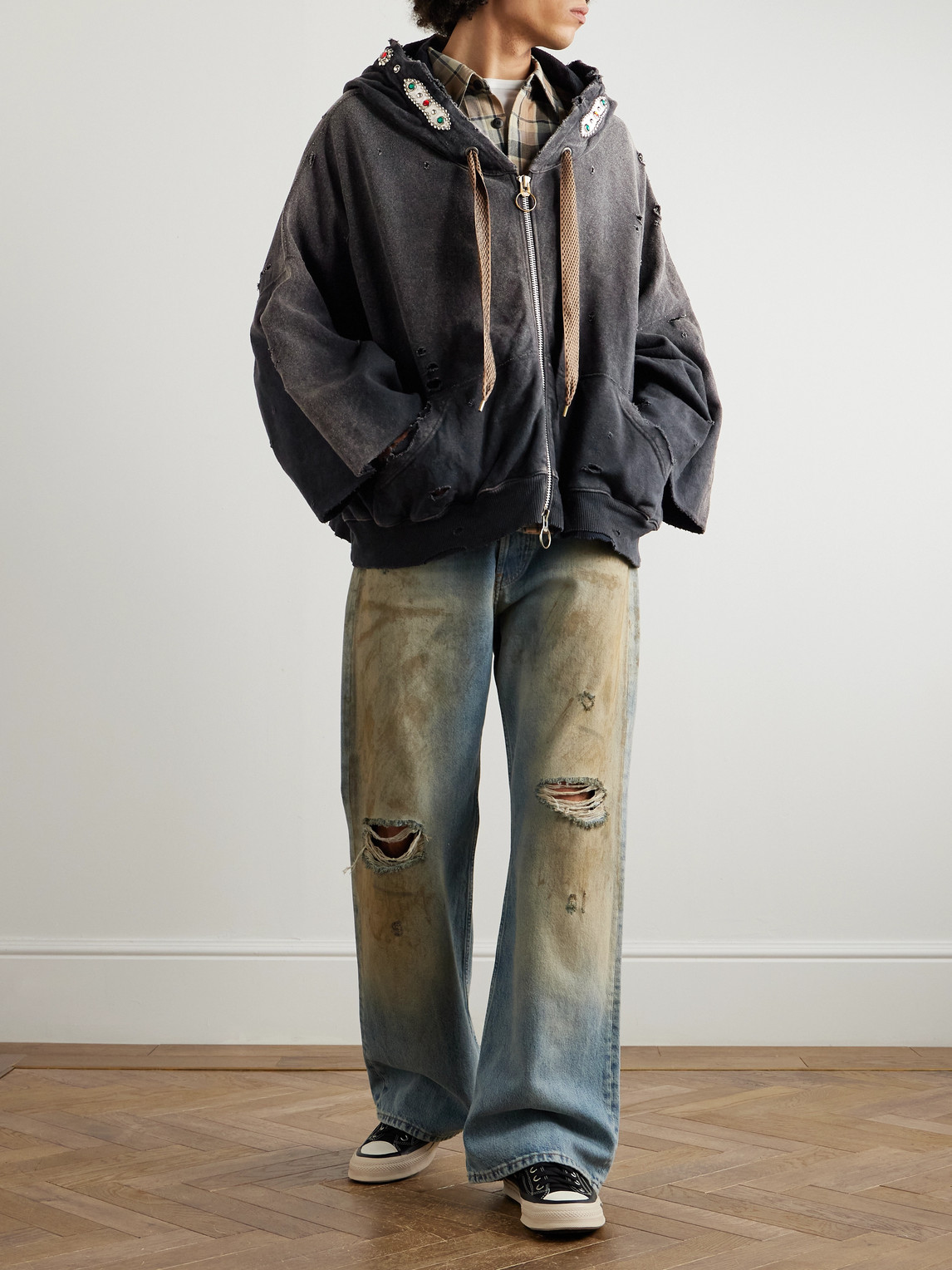 Shop Kapital Embelished Distressed Cotton-jersey Zip-up Hoodie