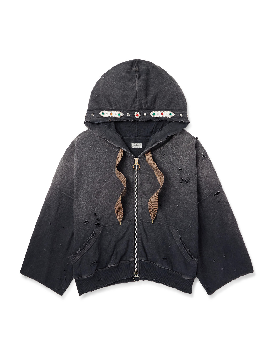 Kapital Embelished Distressed Cotton-jersey Zip-up Hoodie
