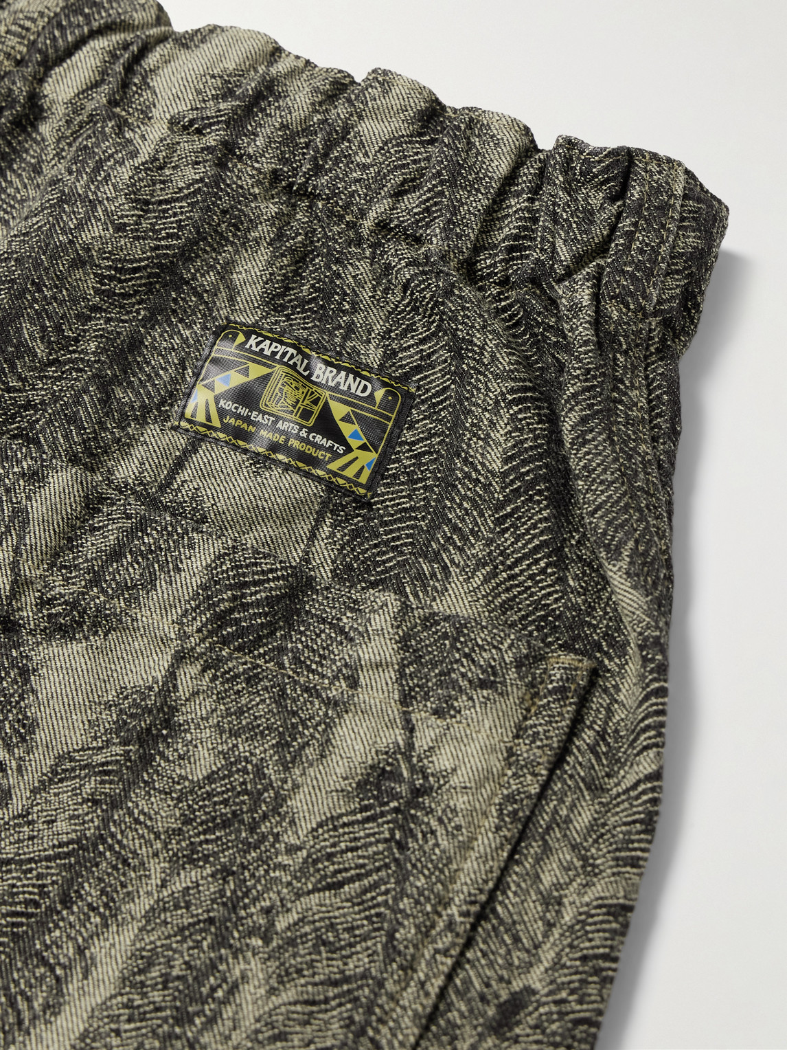 Shop Kapital Magpie Straight-leg Distressed Cotton-jacquard Drawstring Shorts In Green