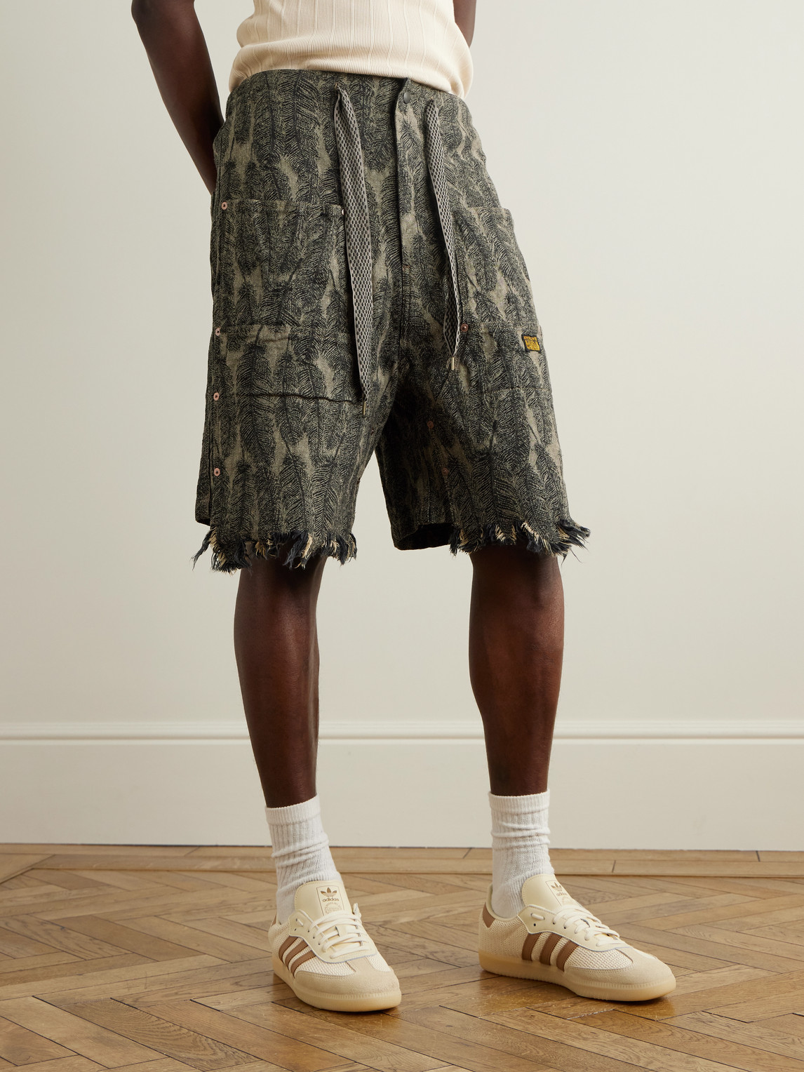 Shop Kapital Magpie Straight-leg Distressed Cotton-jacquard Drawstring Shorts In Green