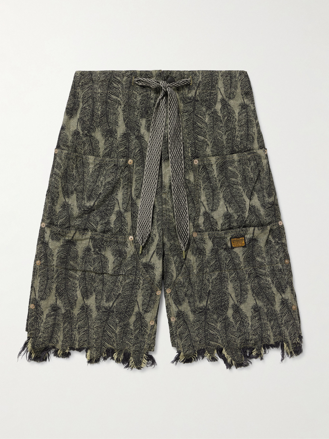 KAPITAL Magpie Straight-Leg Distressed Cotton-Jacquard Drawstring Shorts - Men