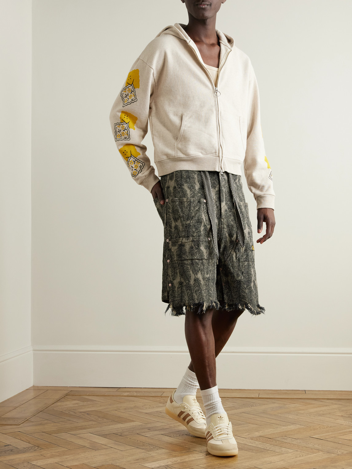 Shop Kapital Magpie Straight-leg Distressed Cotton-jacquard Drawstring Shorts In Green