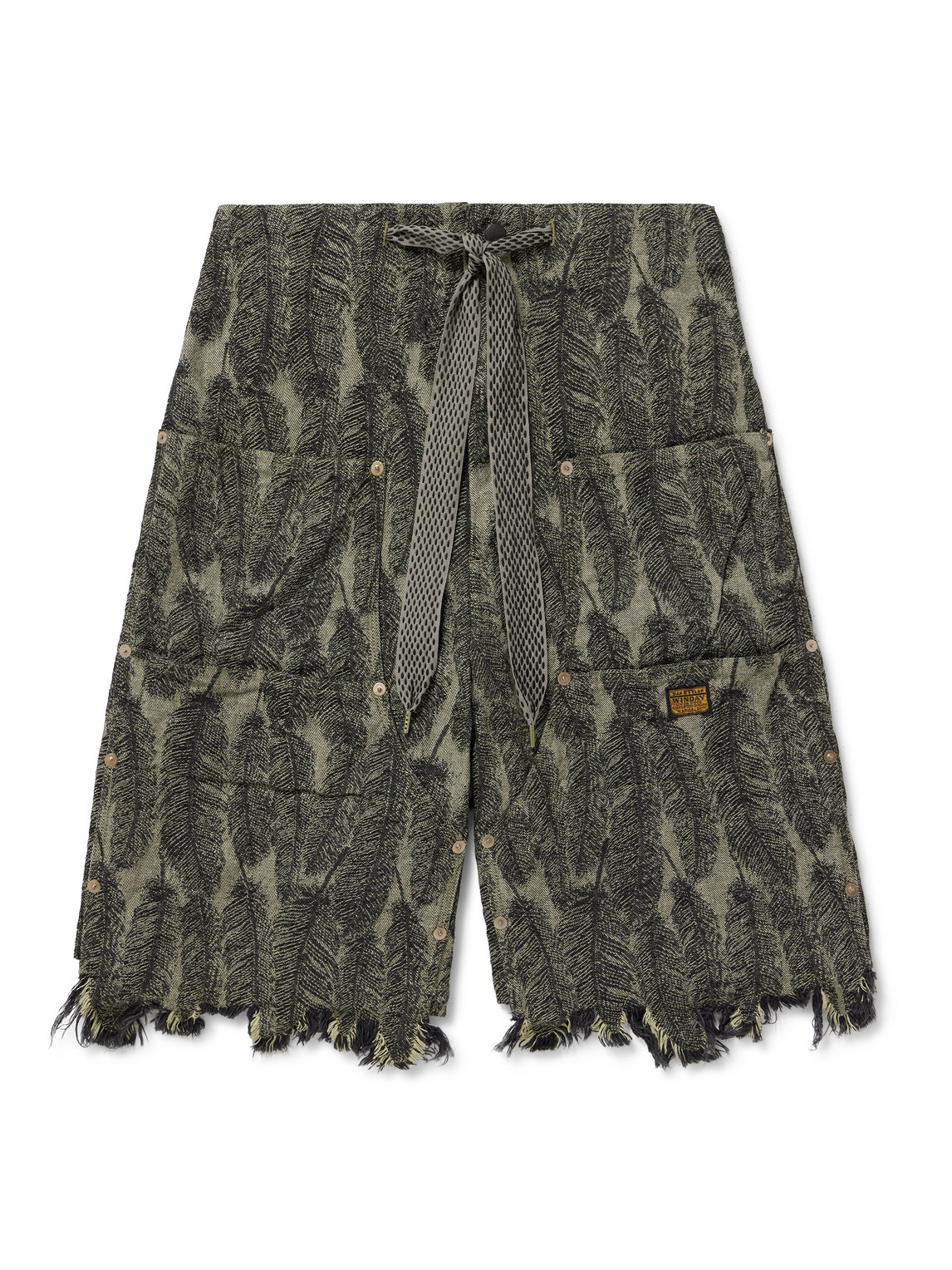 Kapital Magpie Straight-leg Distressed Cotton-jacquard Drawstring Shorts In Green