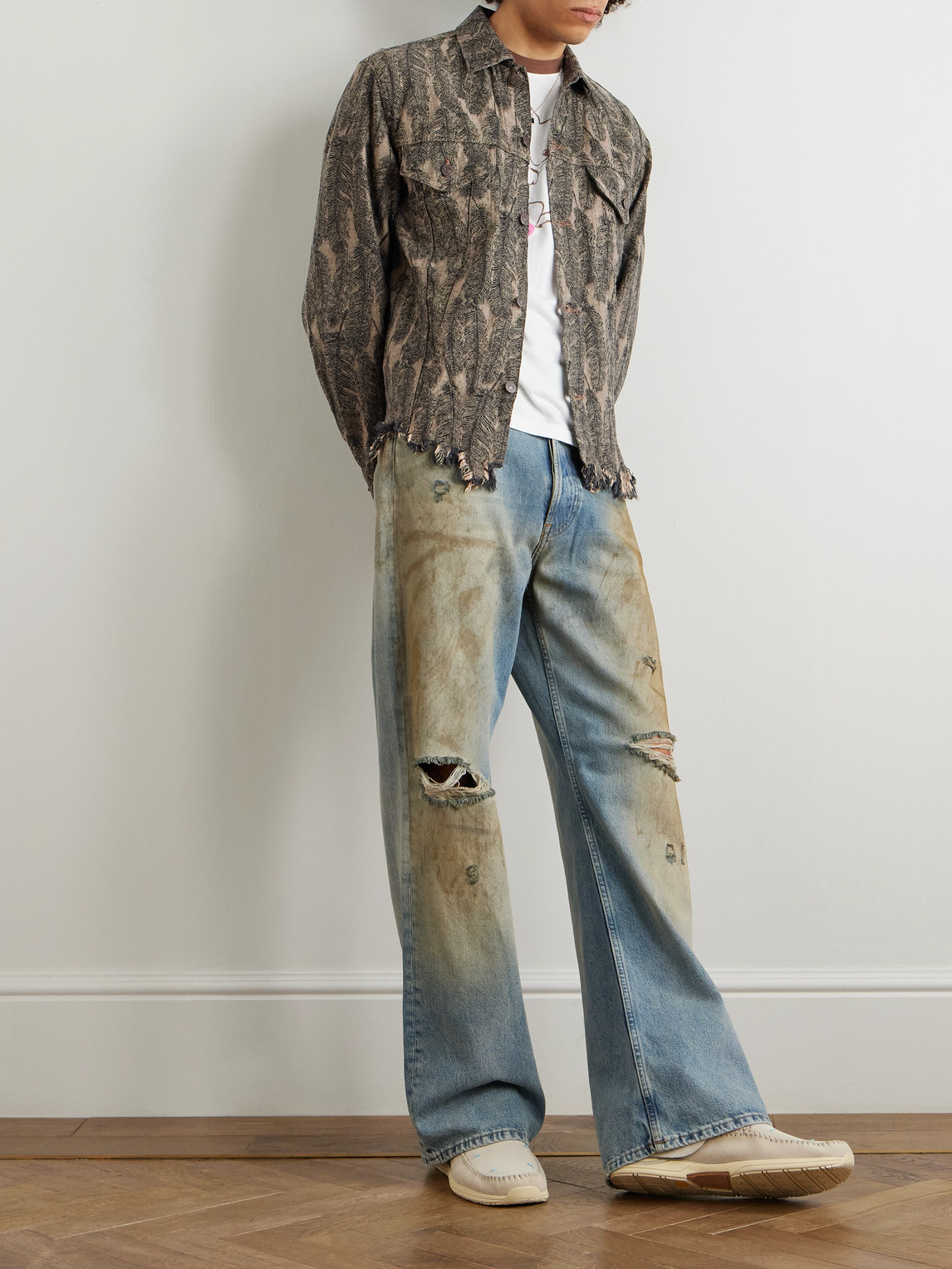 Shop Kapital Magpie Distressed Denim-jacquard Jacket