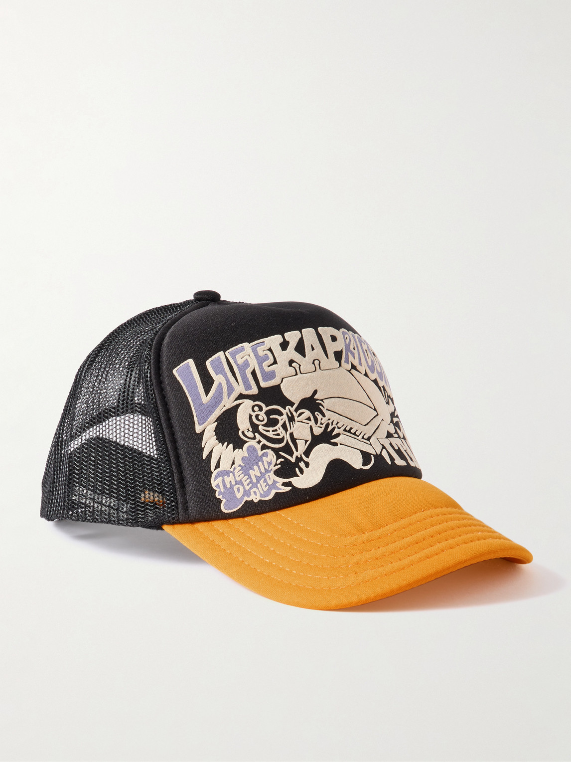 Kapital Life Kapriccio Mesh-trimmed Printed Scuba Trucker Cap In Black