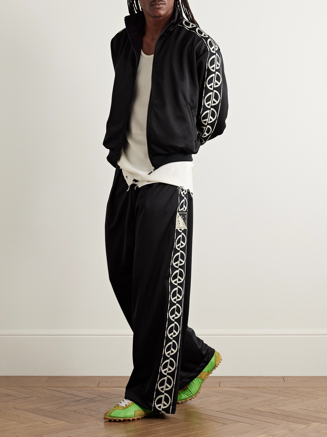 Shop Kapital Th.d.d. Wide-leg Pleated Webbing-trimmed Tech-jersey Track Pants