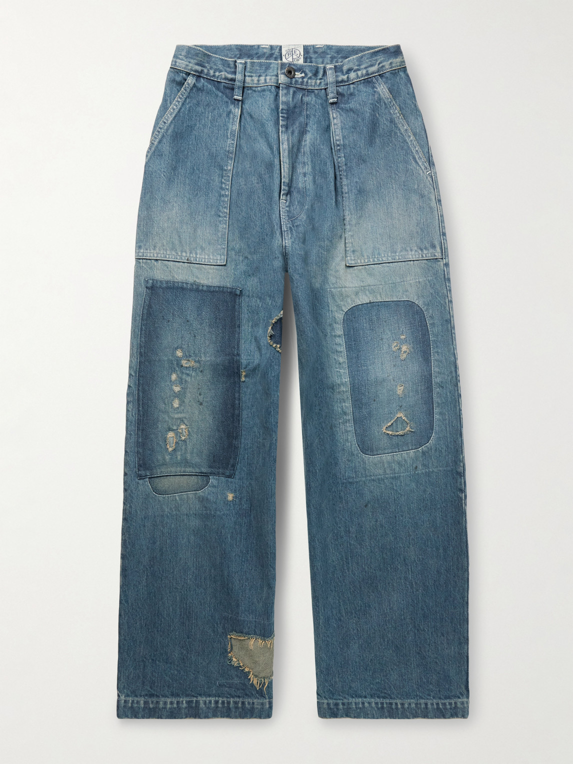 Kapital Rushfield Remake Wide-leg Panelled Distressed Jeans In Blue
