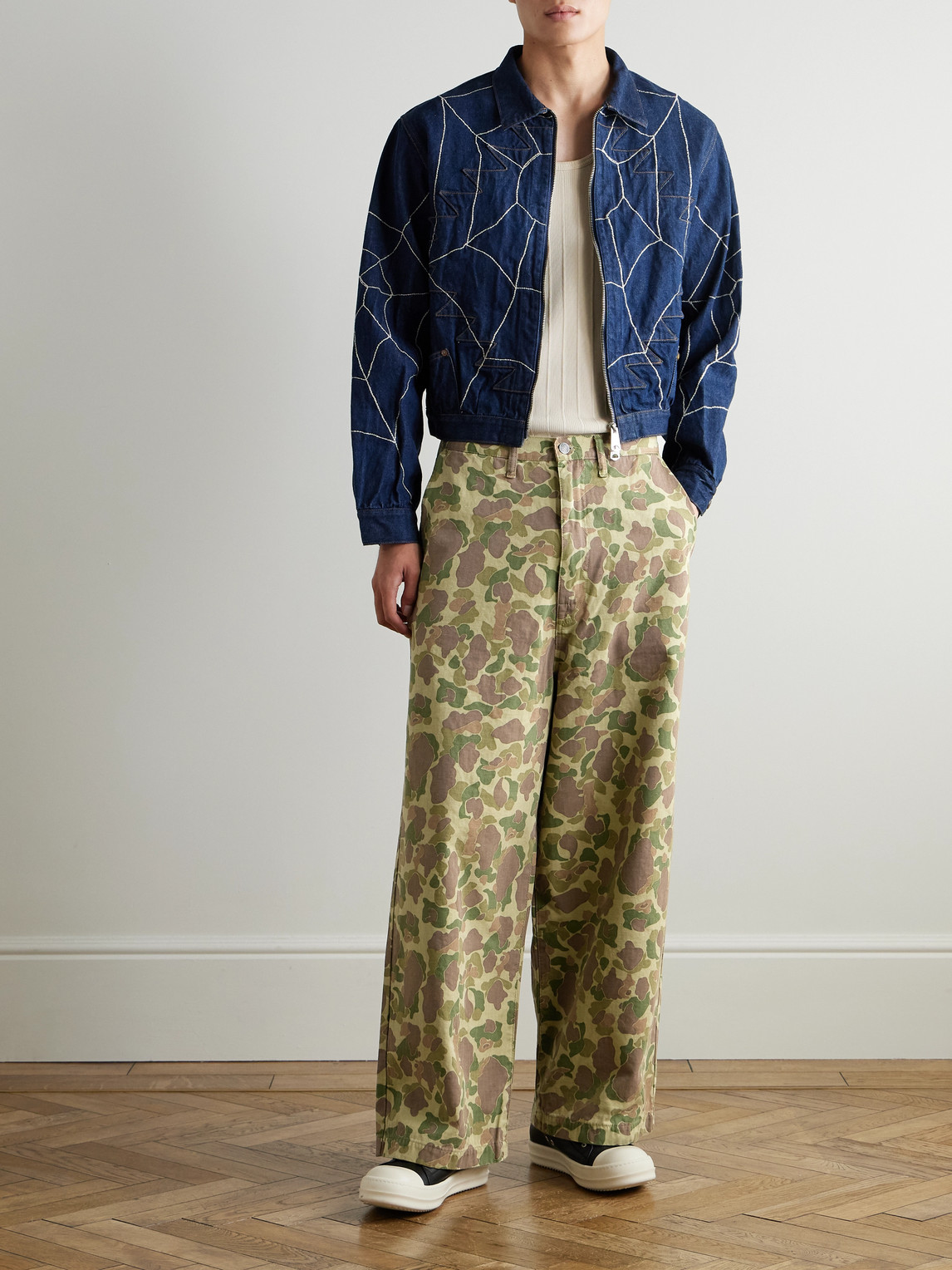 Kapital Wide-leg Camouflage-print Herringbone Cotton Trousers In Green