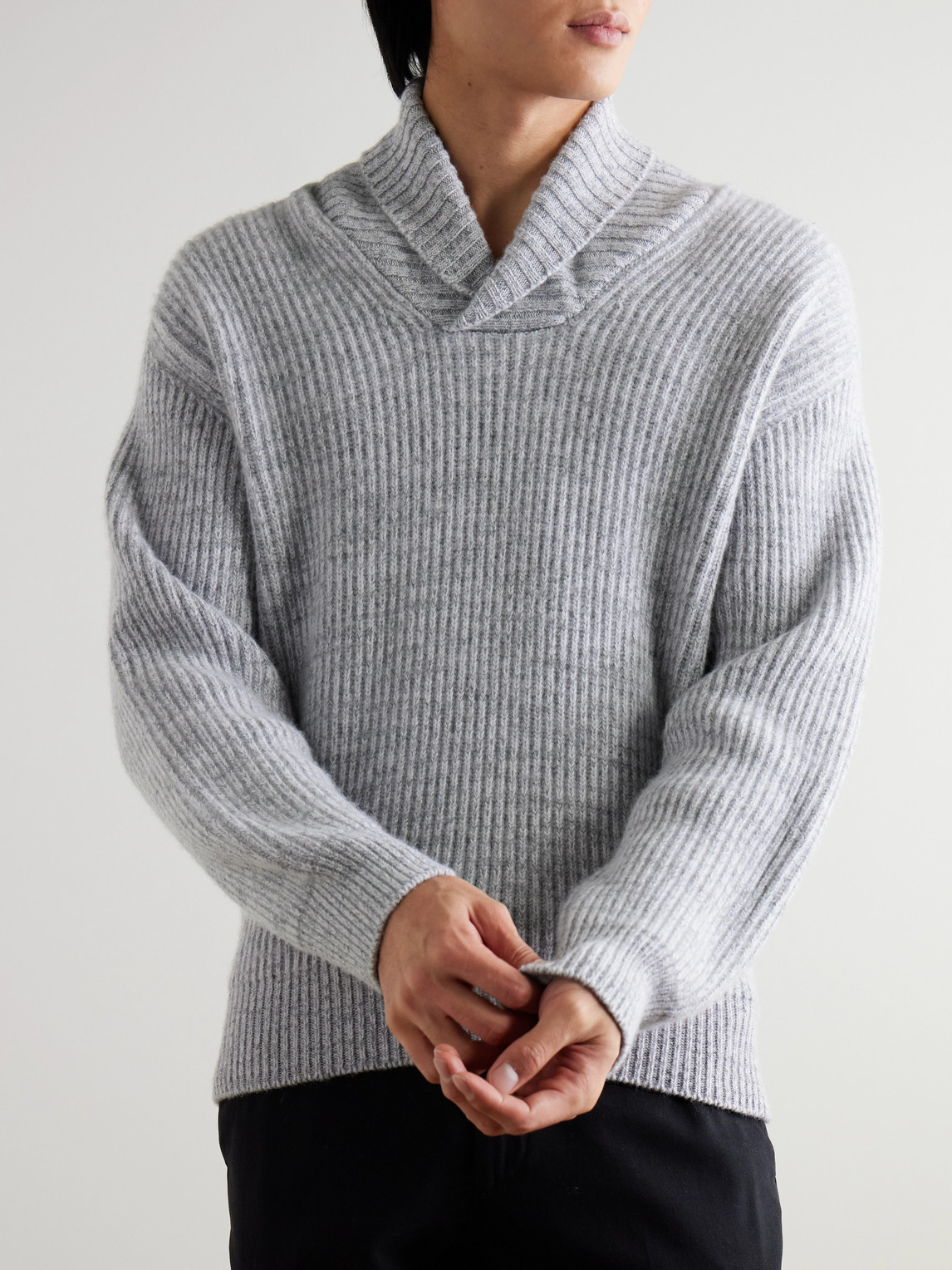 Shop Kingsman Shawl-collar Ribbed Wool Sweater In Gray