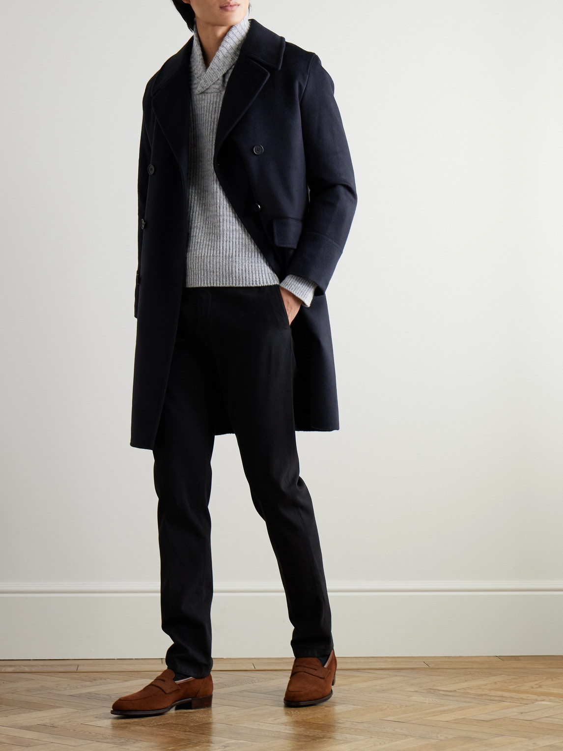 Shop Kingsman Shawl-collar Ribbed Wool Sweater In Gray