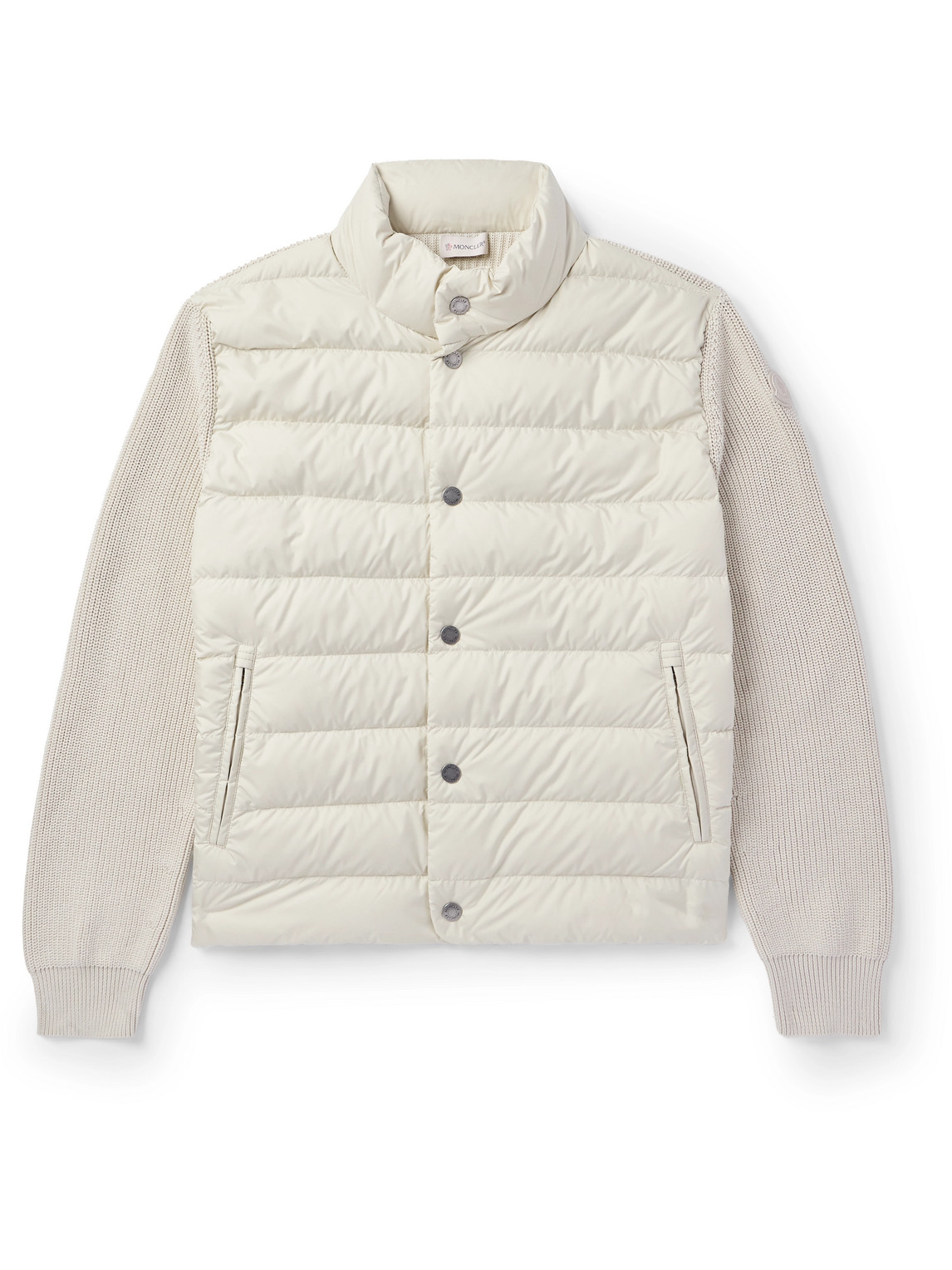Moncler Ribbed Cotton And Quilted Shell Down Zip-up Cardigan In Neutrals