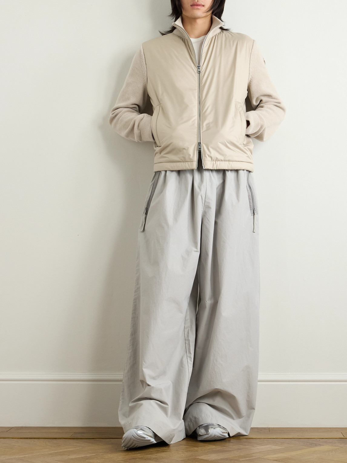 MONCLER PADDED SHELL-PANELLED WOOL AND CASHMERE-BLEND DOWN ZIP-UP CARDIGAN