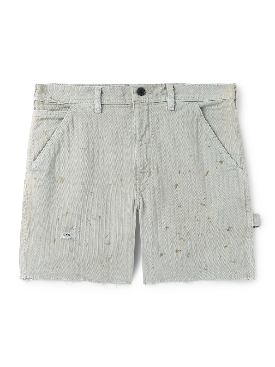 Straight-Leg Distressed Paint-Splattered Cotton-Herringbone Shorts