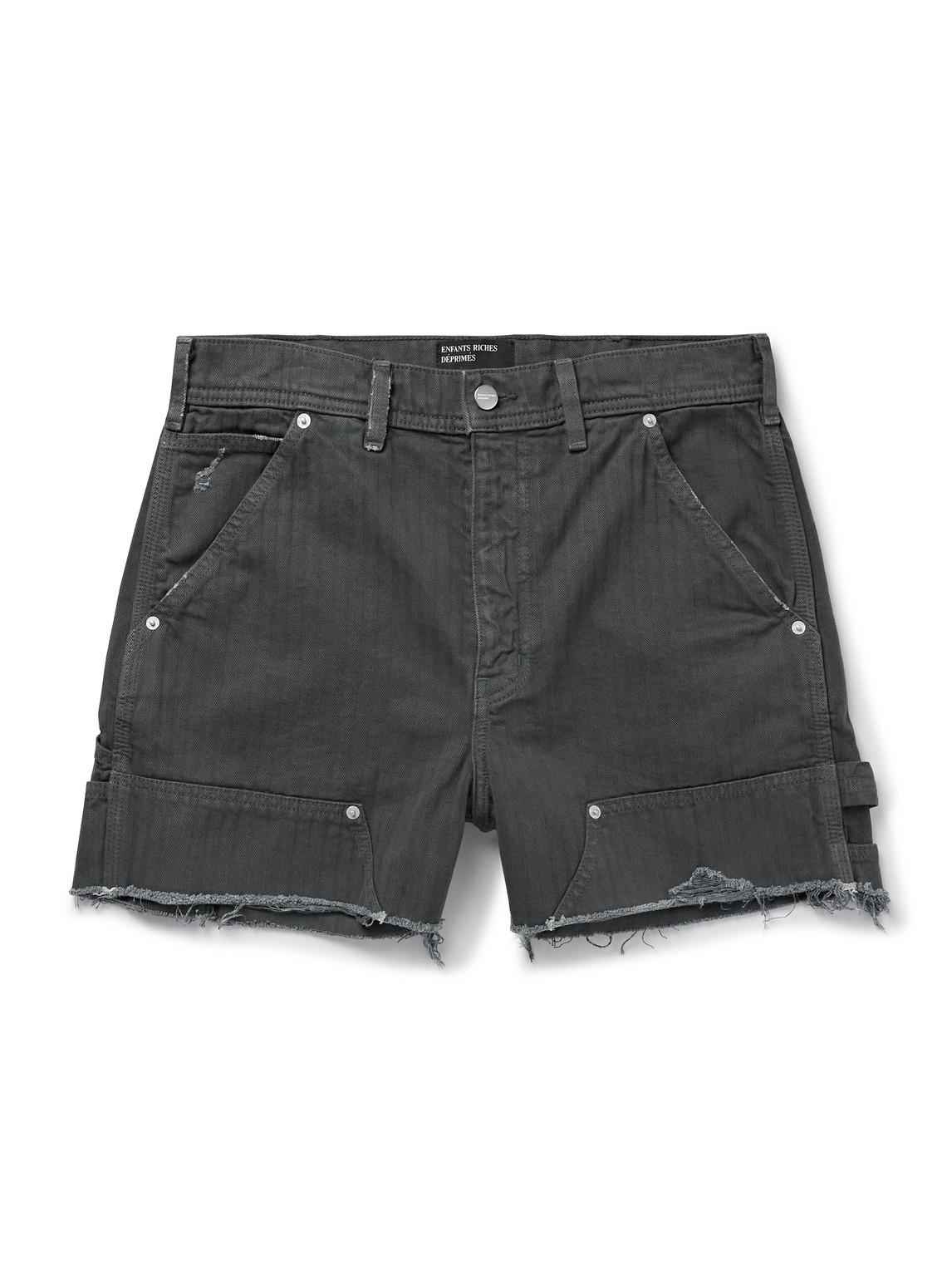 Slim-Fit Distressed Herringbone Denim Shorts