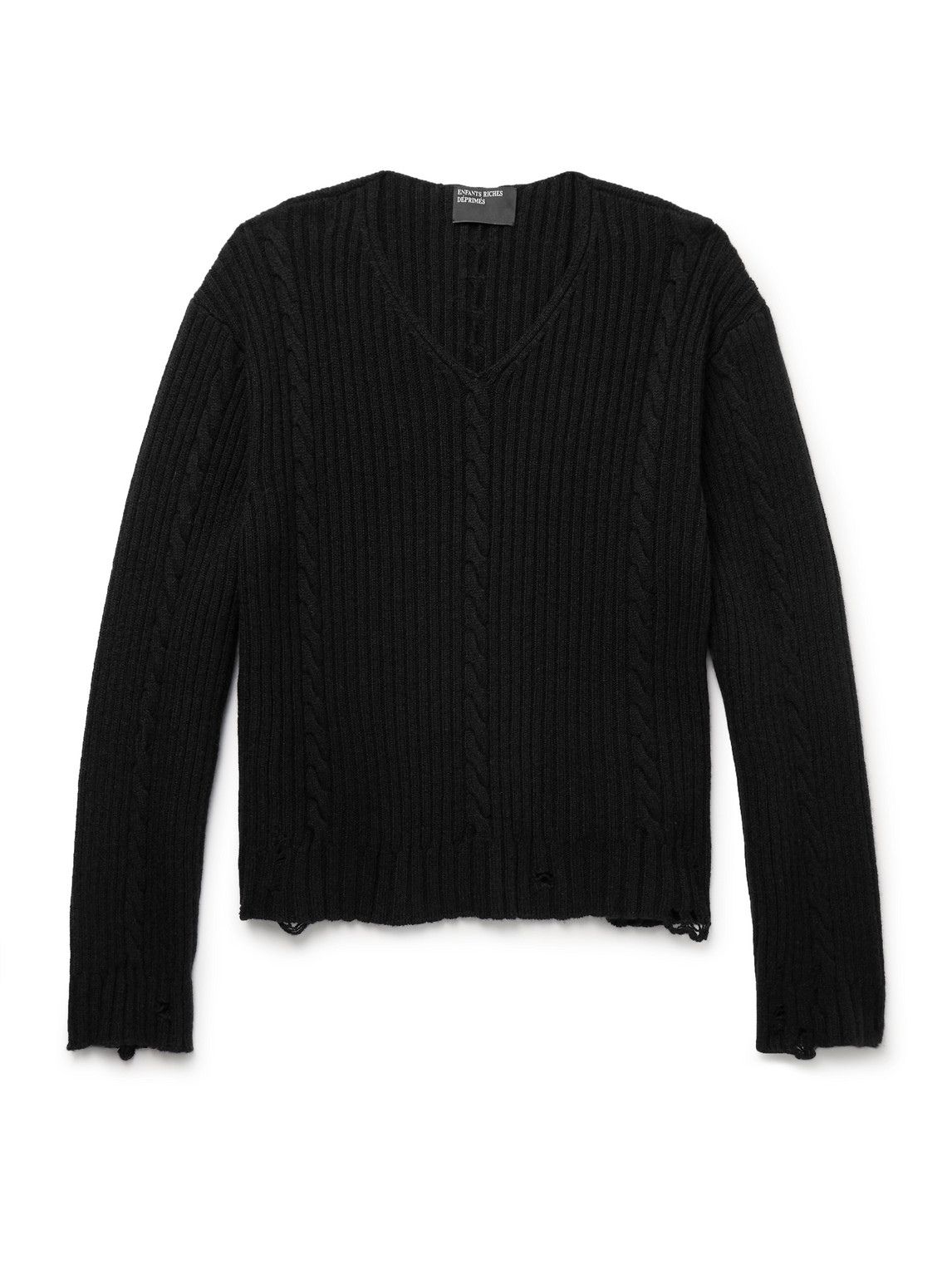 Distressed Ribbed Cable-Knit Cashmere Sweater