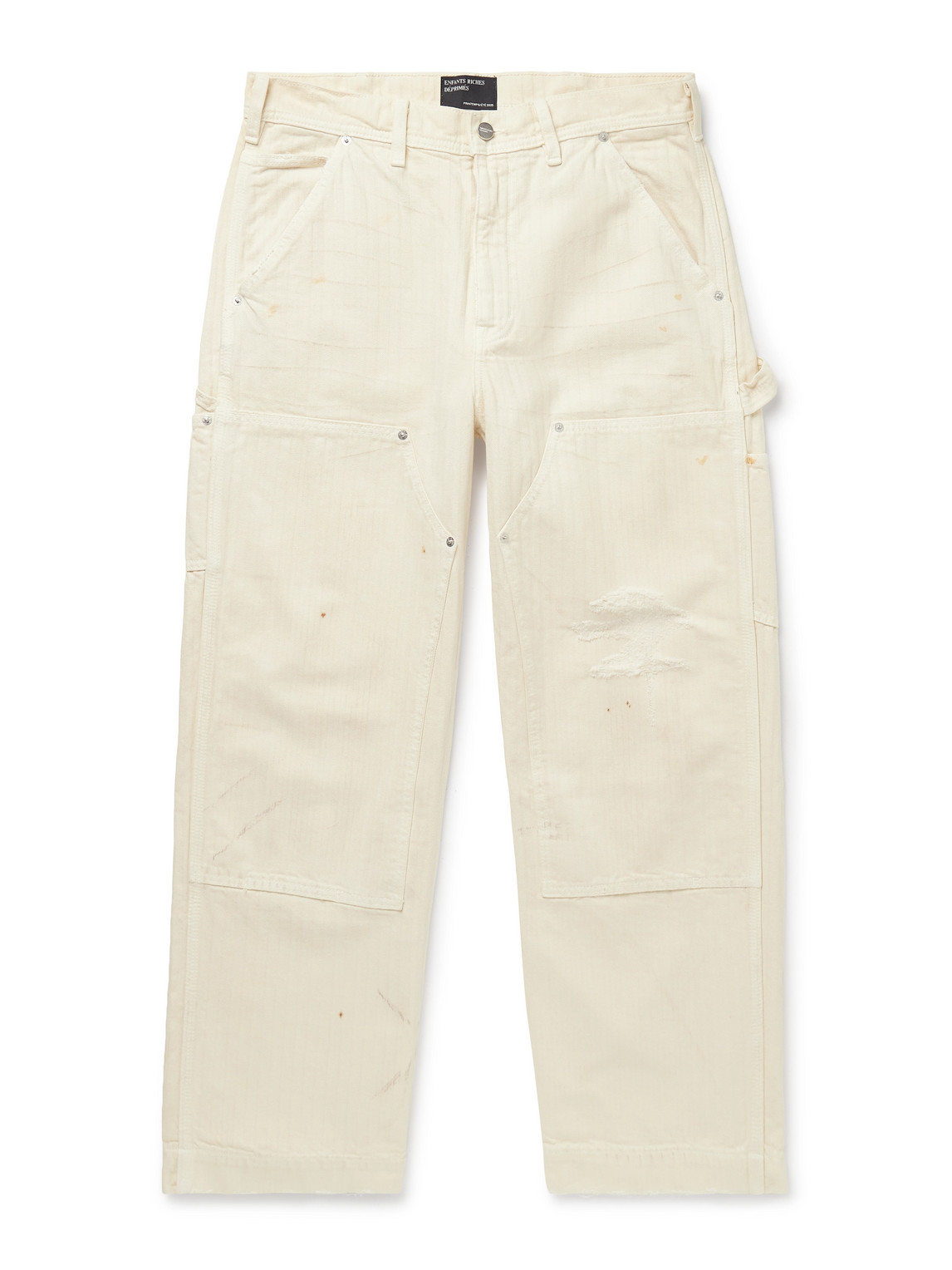 Straight-Leg Distressed Panelled Herringbone Denim Trousers
