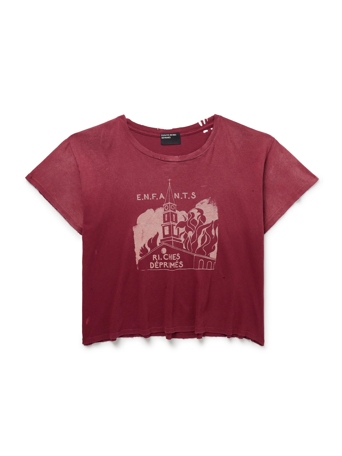 Enfants Riches Deprimes Church Cropped Distressed Printed Cotton-jersey T-shirt In Burgundy