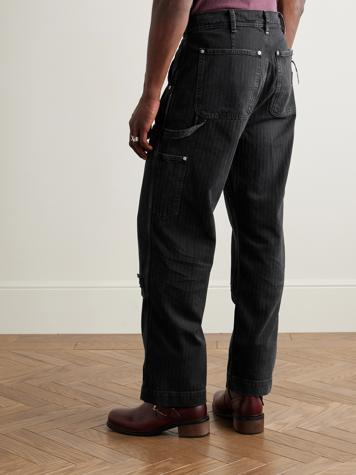 Enfants Riches Deprimes Straight-leg Distressed Panelled Herringbone Denim Trousers In Black