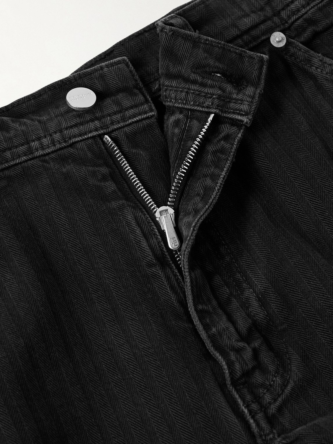 Enfants Riches Deprimes Straight-leg Distressed Panelled Herringbone Denim Trousers In Black