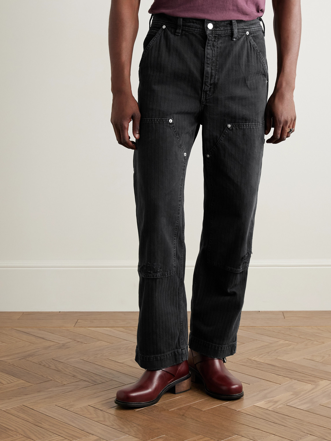 Enfants Riches Deprimes Straight-leg Distressed Panelled Herringbone Denim Trousers In Black