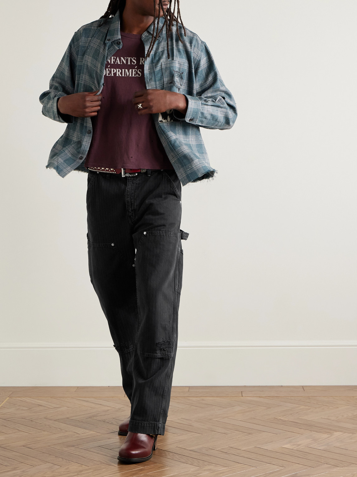 Enfants Riches Deprimes Straight-leg Distressed Panelled Herringbone Denim Trousers In Black
