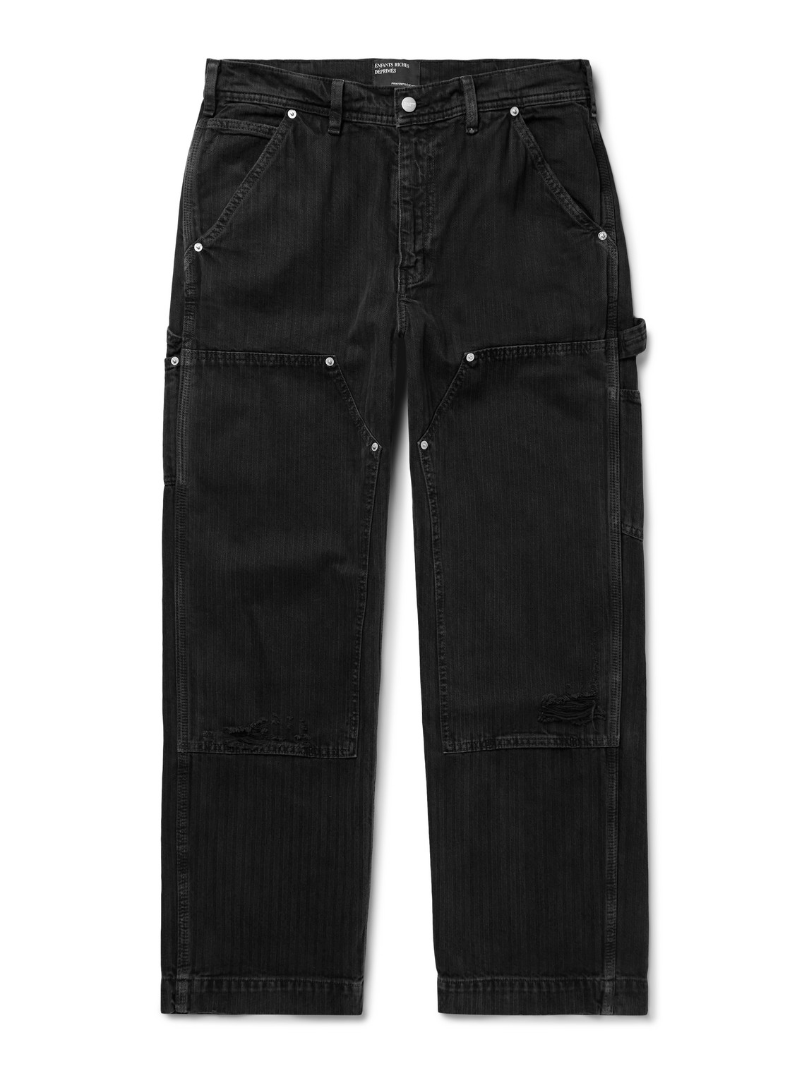 Enfants Riches Deprimes Straight-leg Distressed Panelled Herringbone Denim Trousers In Black