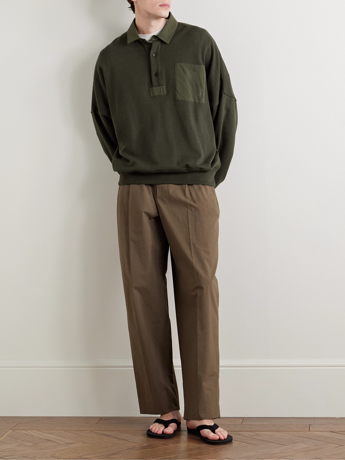 The Row Dende Poplin-trimmed Brushed Cotton And Cashmere-blend Polo Shirt In Green