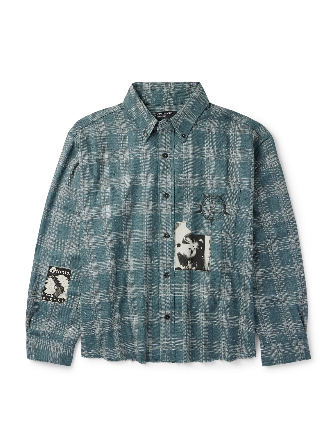 Button-Down Collar Frayed Appliquéd Printed Wool and Silk-Blend Flannel Shirt
