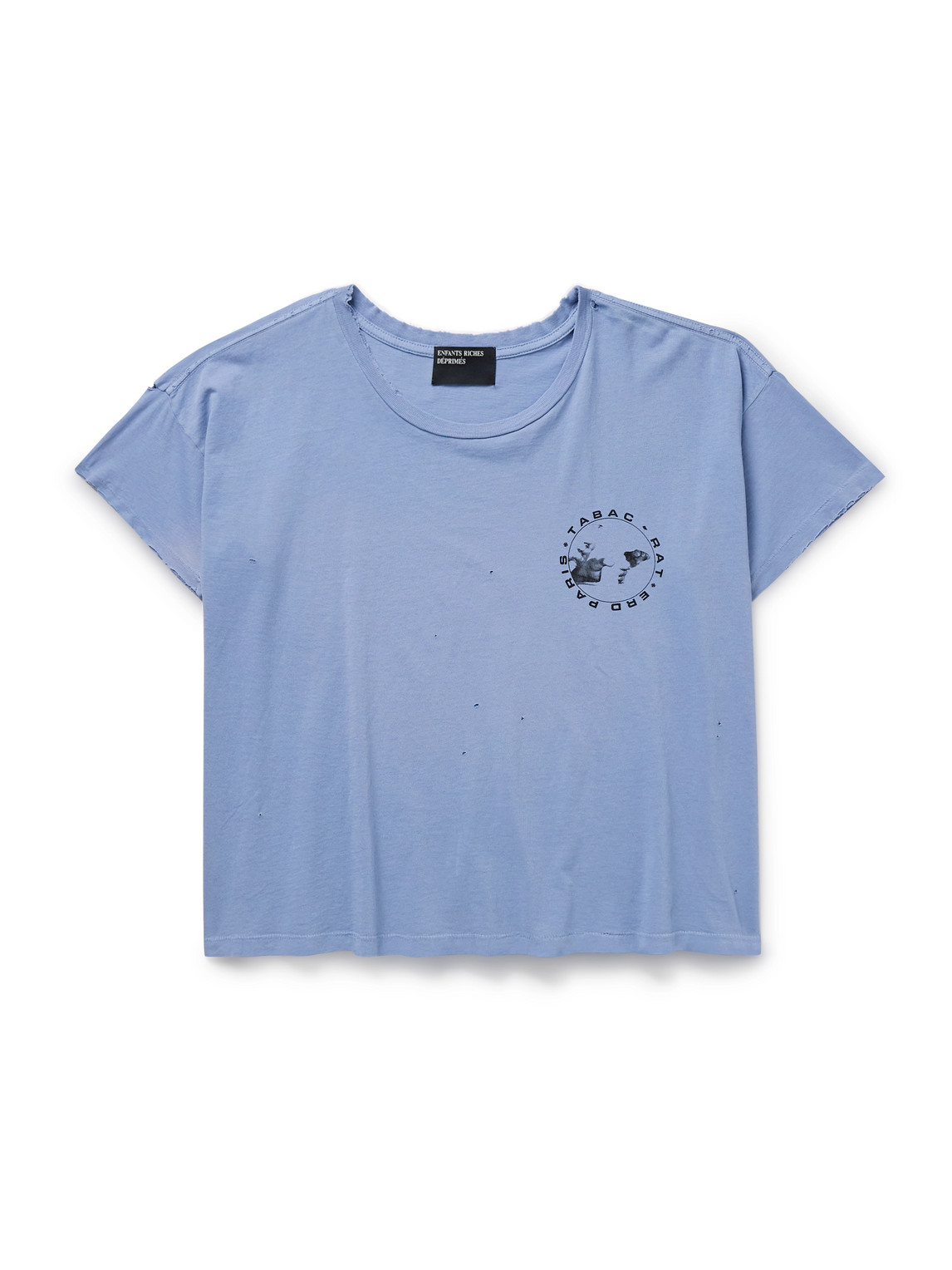 Enfants Riches Deprimes Cropped Distressed Logo-print Garment-dyed Cotton-jersey T-shirt In Blue