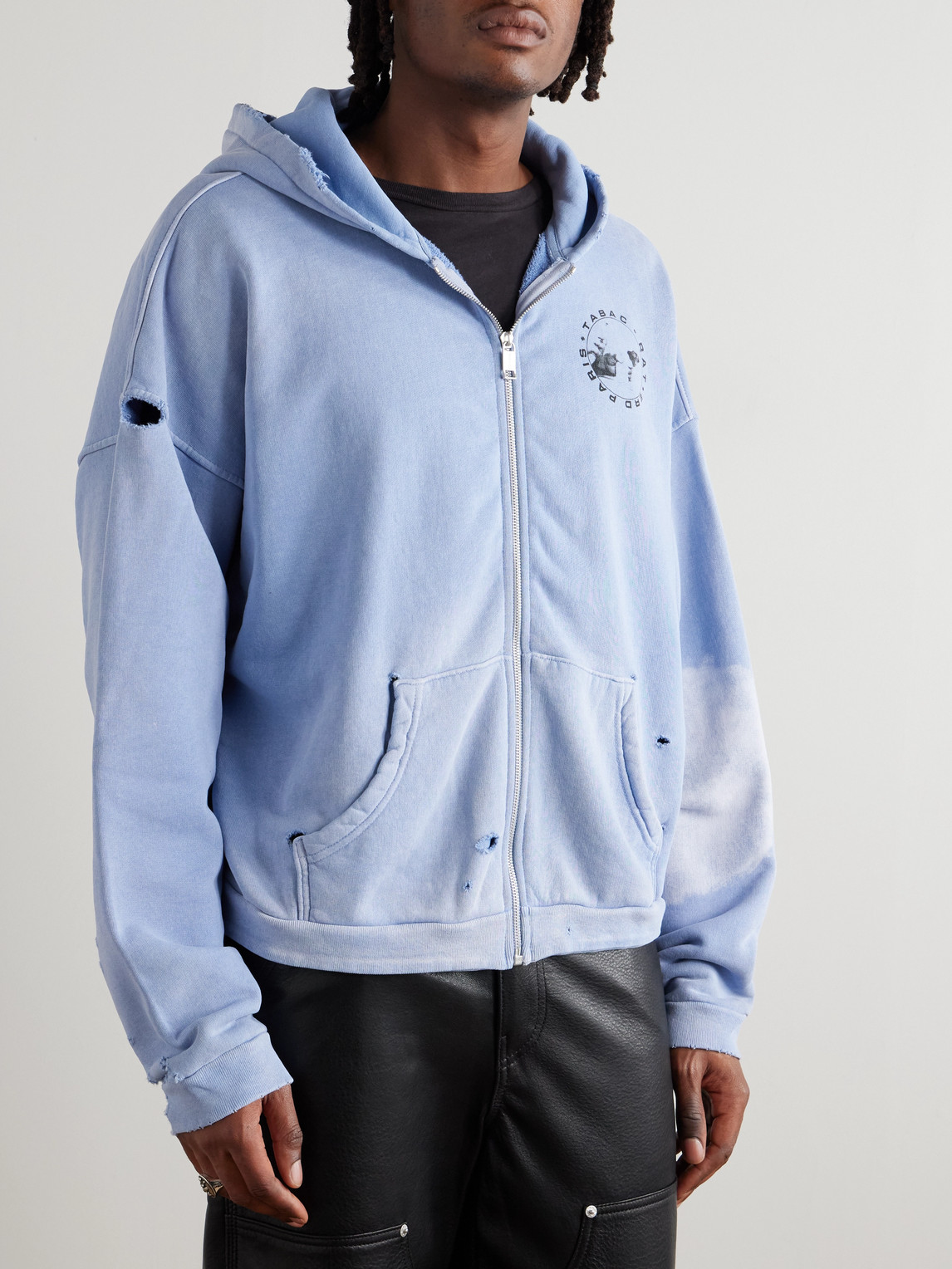 Enfants Riches Deprimes Printed Distressed Cotton-jersey Zip-up Hoodie In Blue