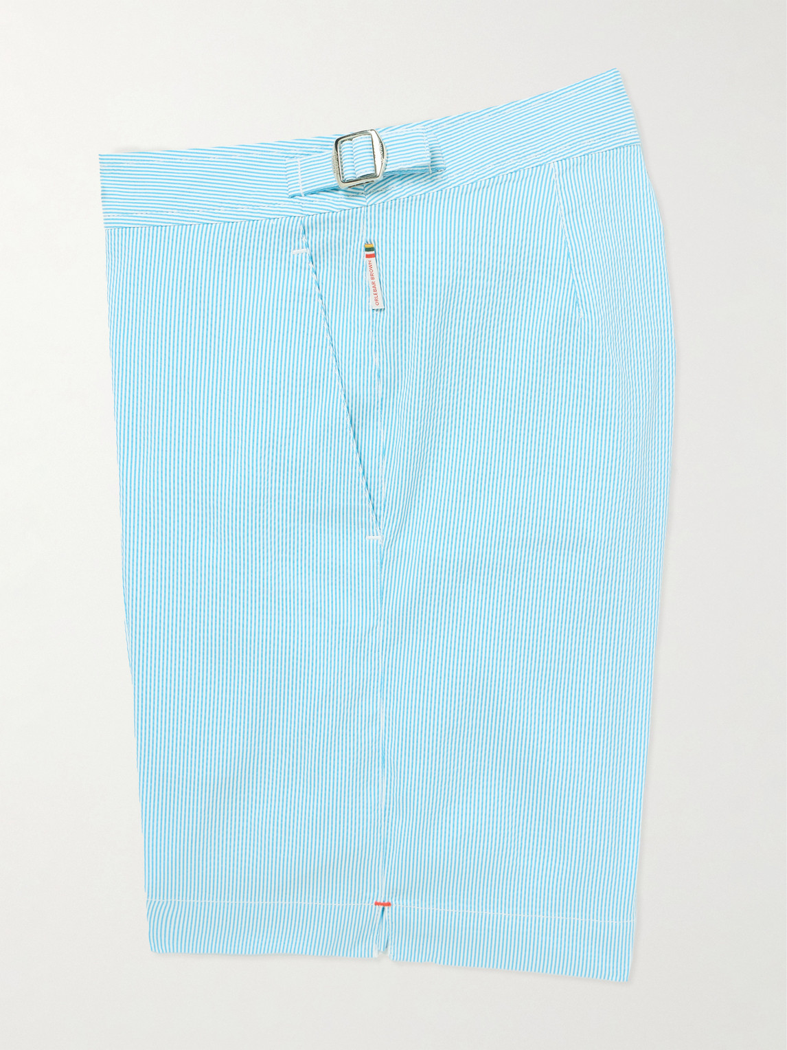 Orlebar Brown Bulldog Straight-leg Mid-length Striped Seersucker Swim Shorts In Blue