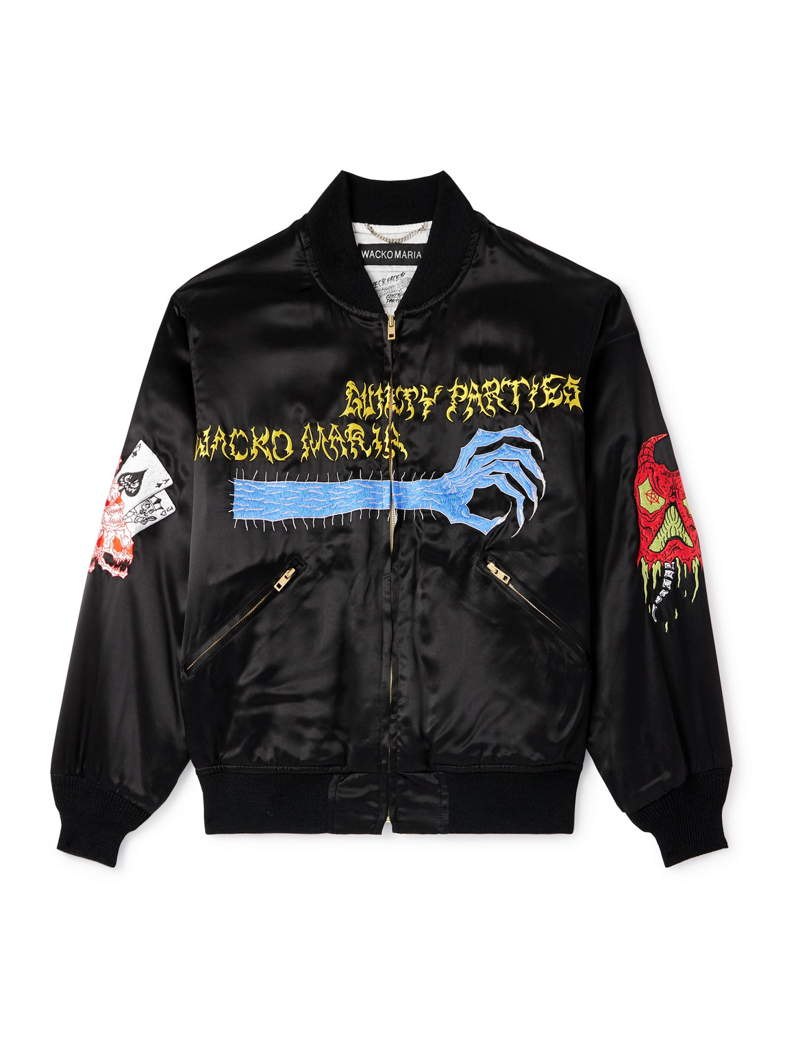 Neck Face Embroidered Satin Bomber Jacket