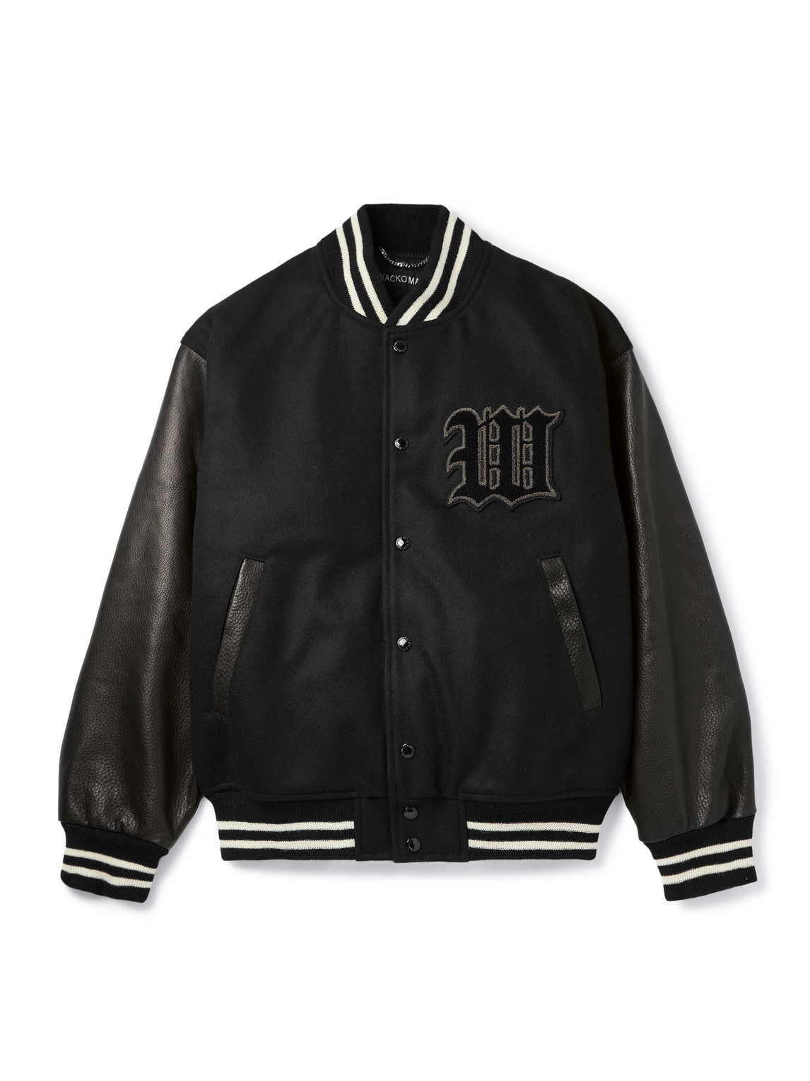 Leather-Panelled Striped Appliquéd Wool-Blend Varsity Jacket
