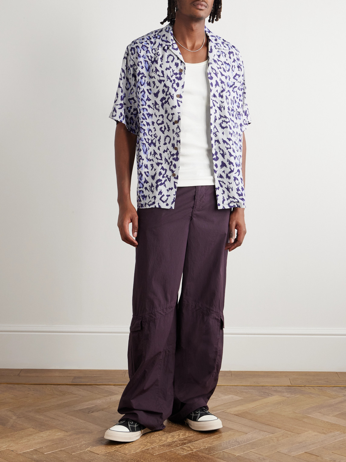 Wacko Maria Convertible-collar Leopard-print Satin-twill Shirt In Gray