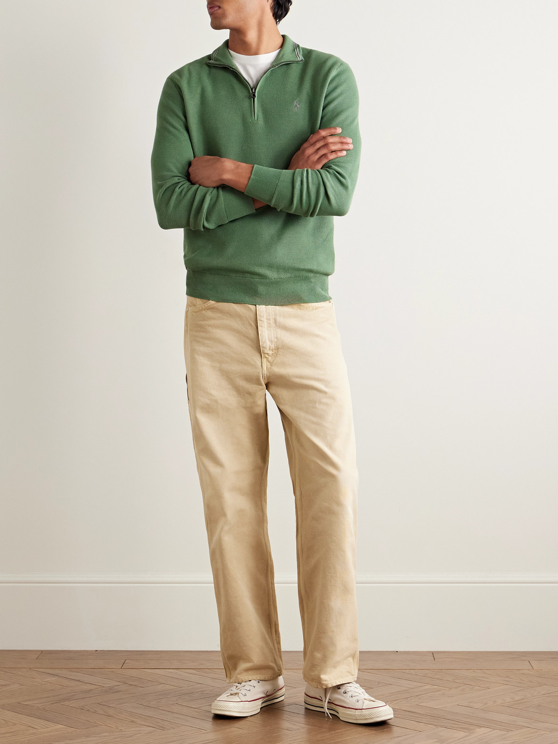 Polo Ralph Lauren Logo-embroidered Honeycomb-knit Cotton Half-zip Sweater In Green