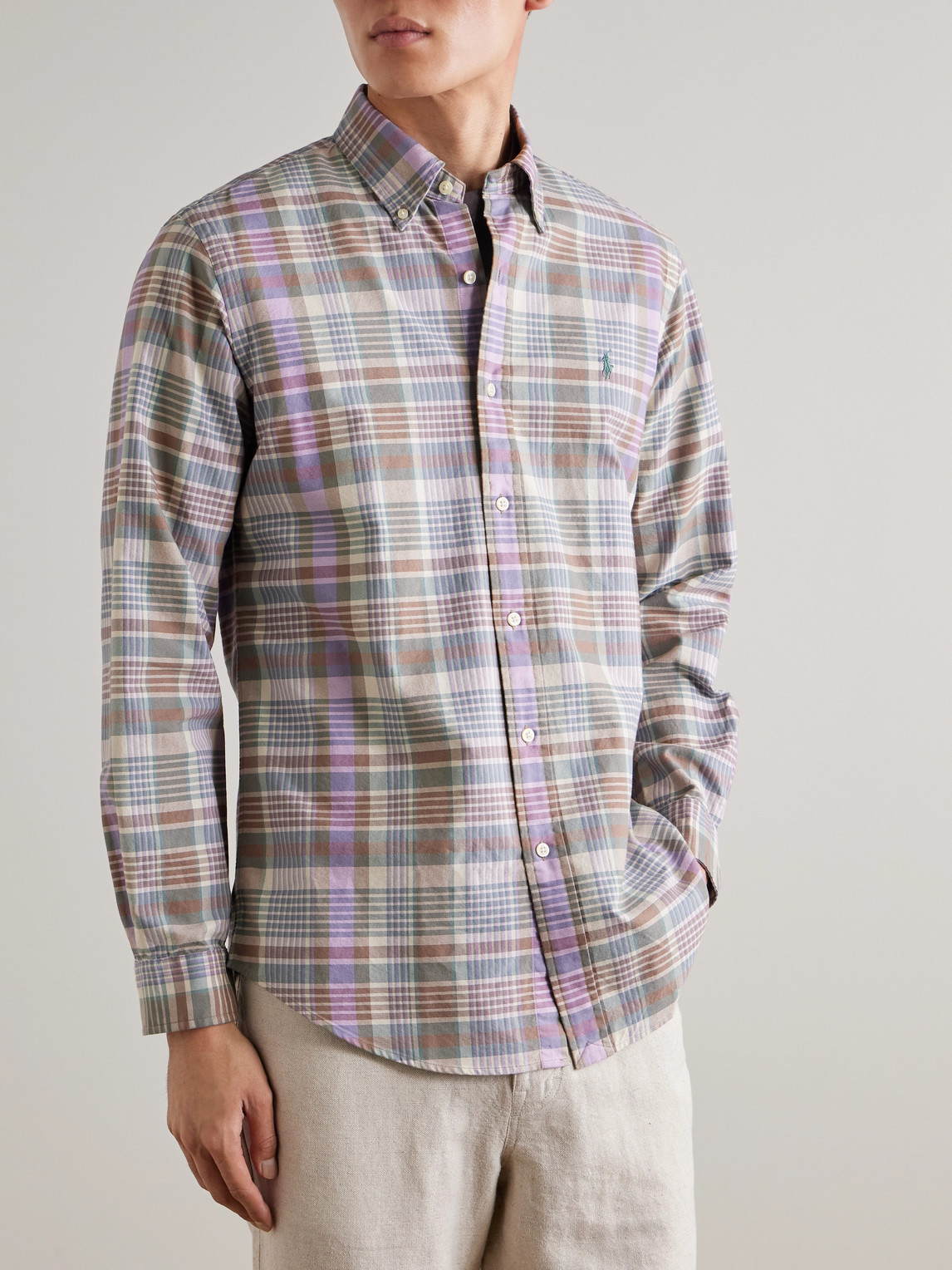 Polo Ralph Lauren Mens 6815 Khaki Green Multi Check-pattern Custom-fit Cotton Shirt In Brown