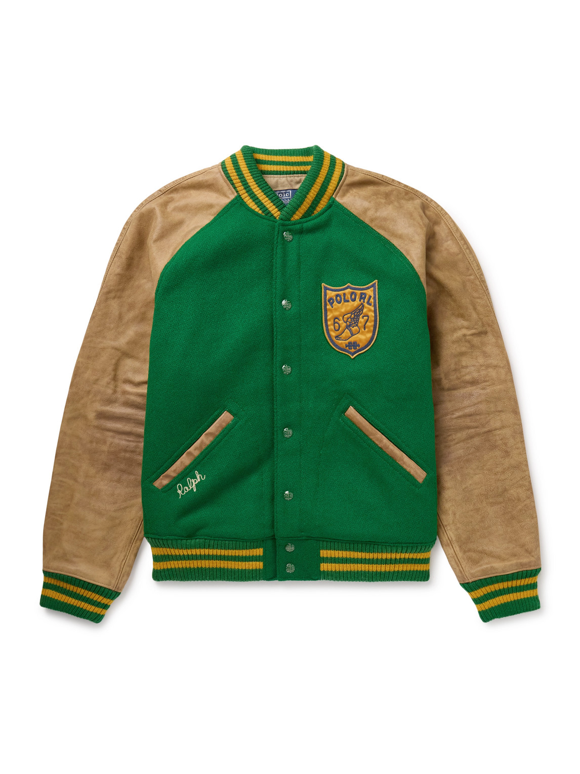 Polo Ralph Lauren Logo-appliquéd Embroidered Leather And Wool-blend Varsity Jacket In Green