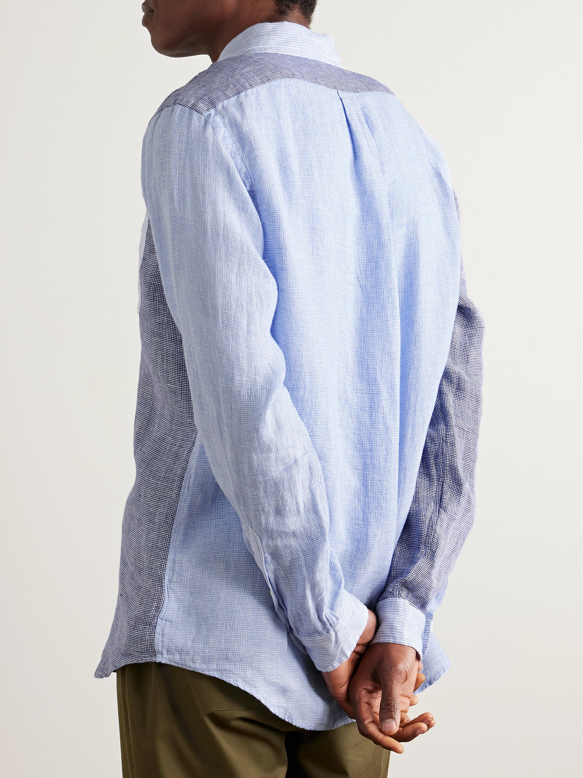 Polo Ralph Lauren Button-down Collar Panelled Puppytooth And Striped Linen Shirt In Blue
