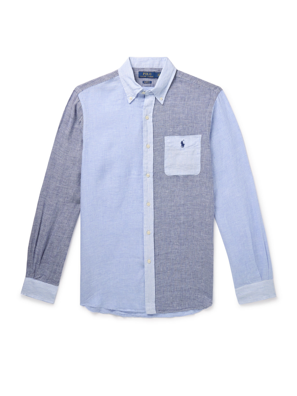 Polo Ralph Lauren Button-down Collar Panelled Puppytooth And Striped Linen Shirt In Blue