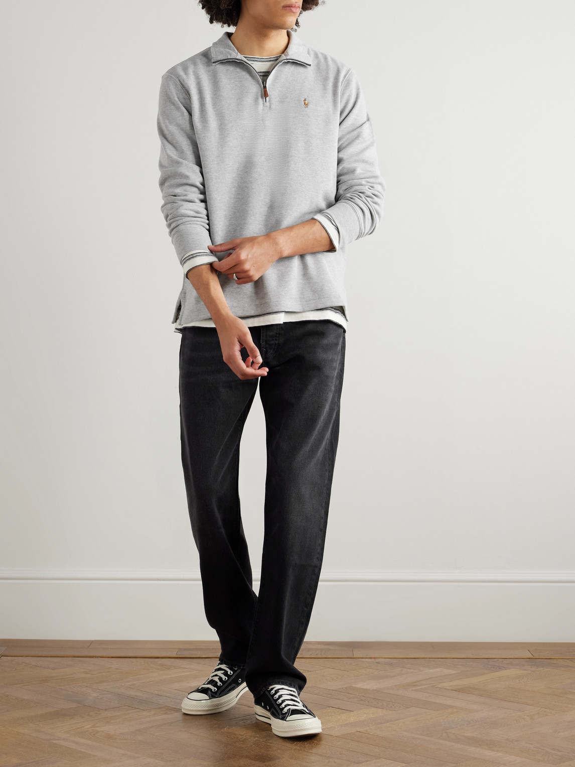 Polo Ralph Lauren Logo-embroidered Cotton-jersey Half-zip Sweatshirt In Gray