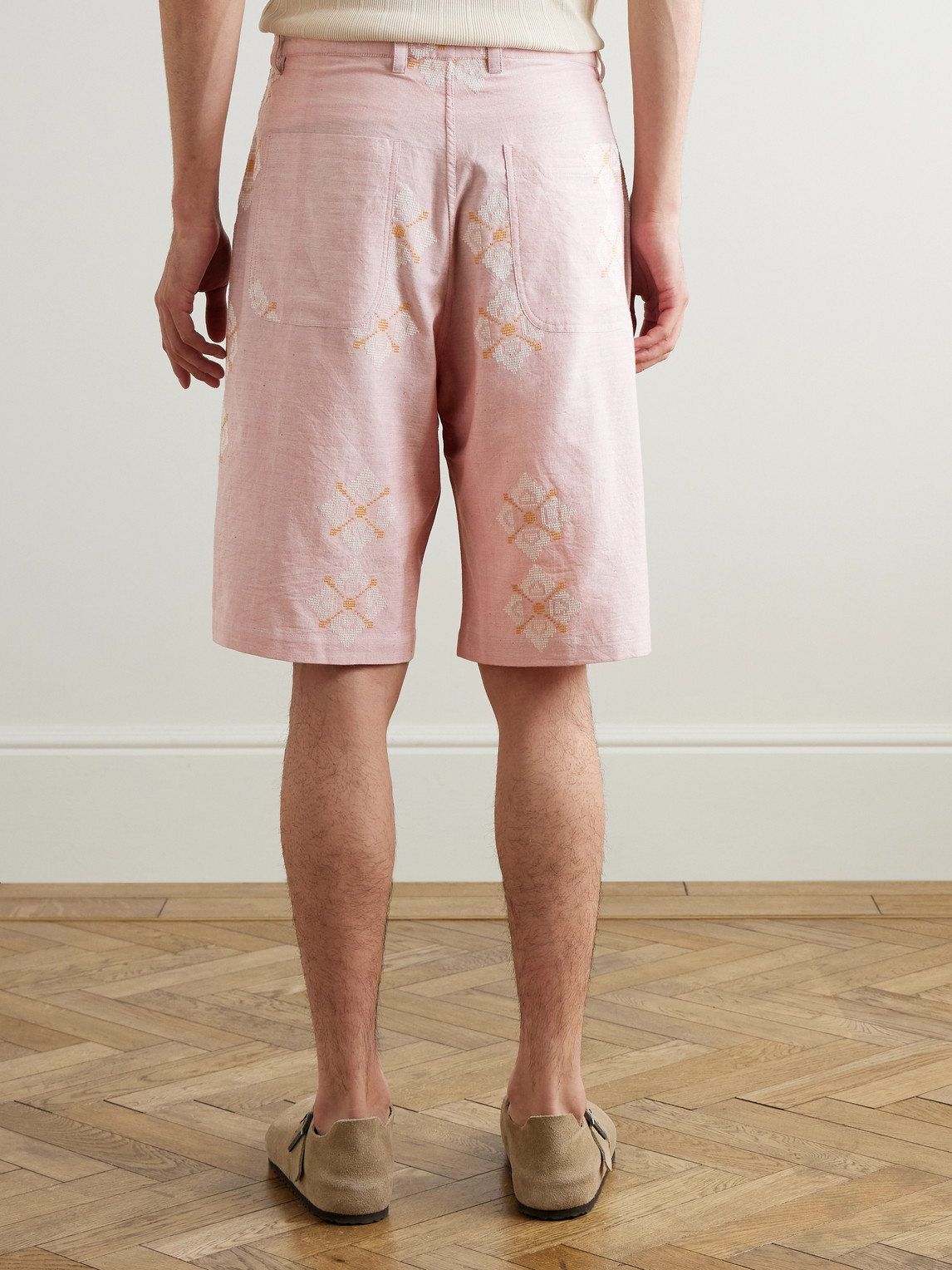 Kardo Straight-leg Embroidered Pleated Cotton Shorts In Pink