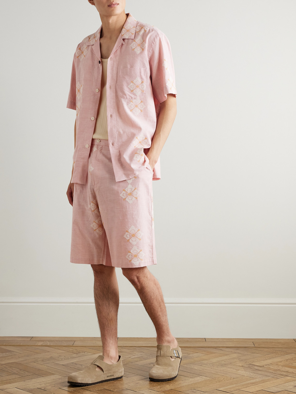 Kardo Straight-leg Embroidered Pleated Cotton Shorts In Pink