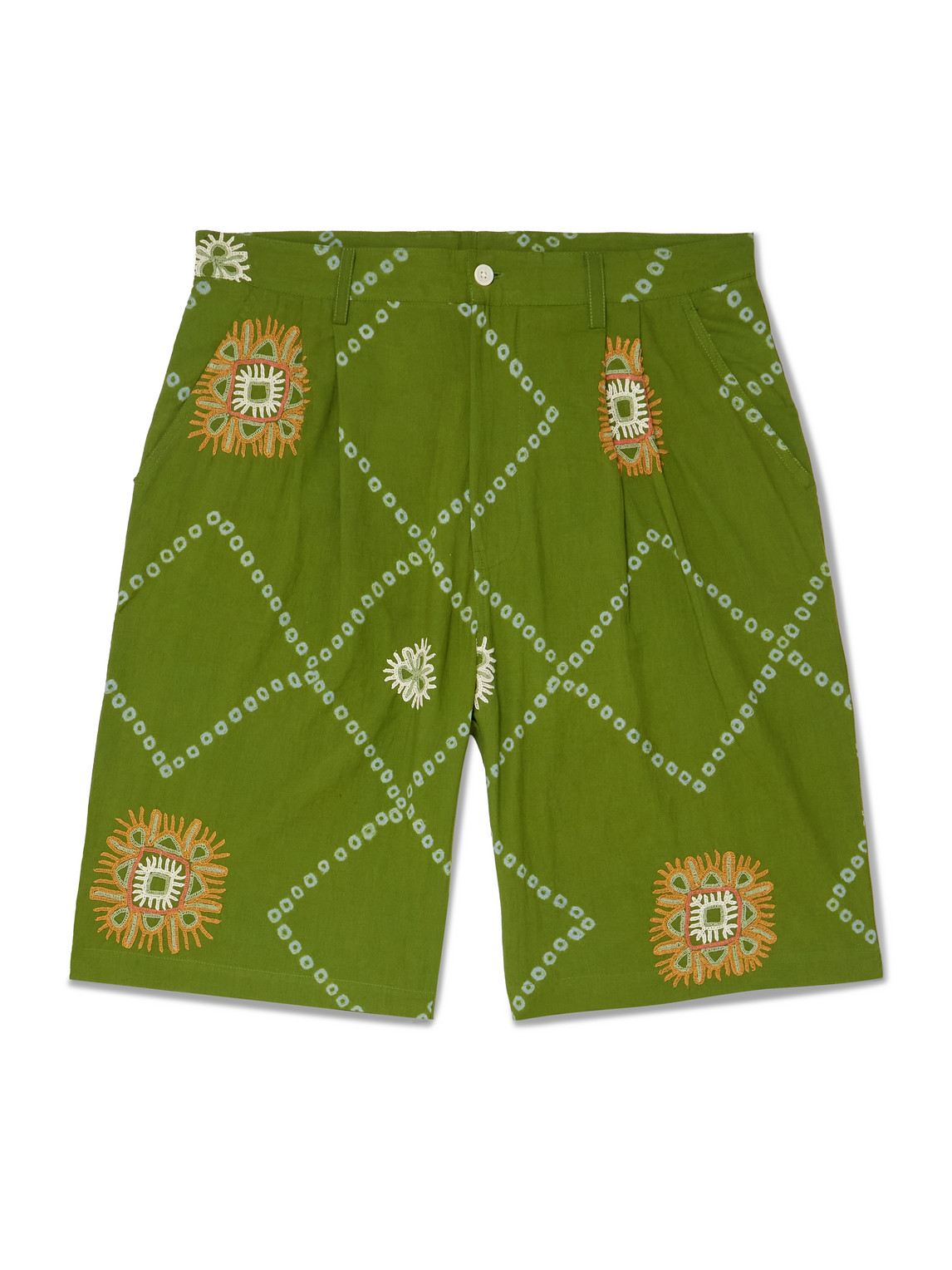 Kardo Straight-leg Embroidered Pleated Cotton Shorts In Green