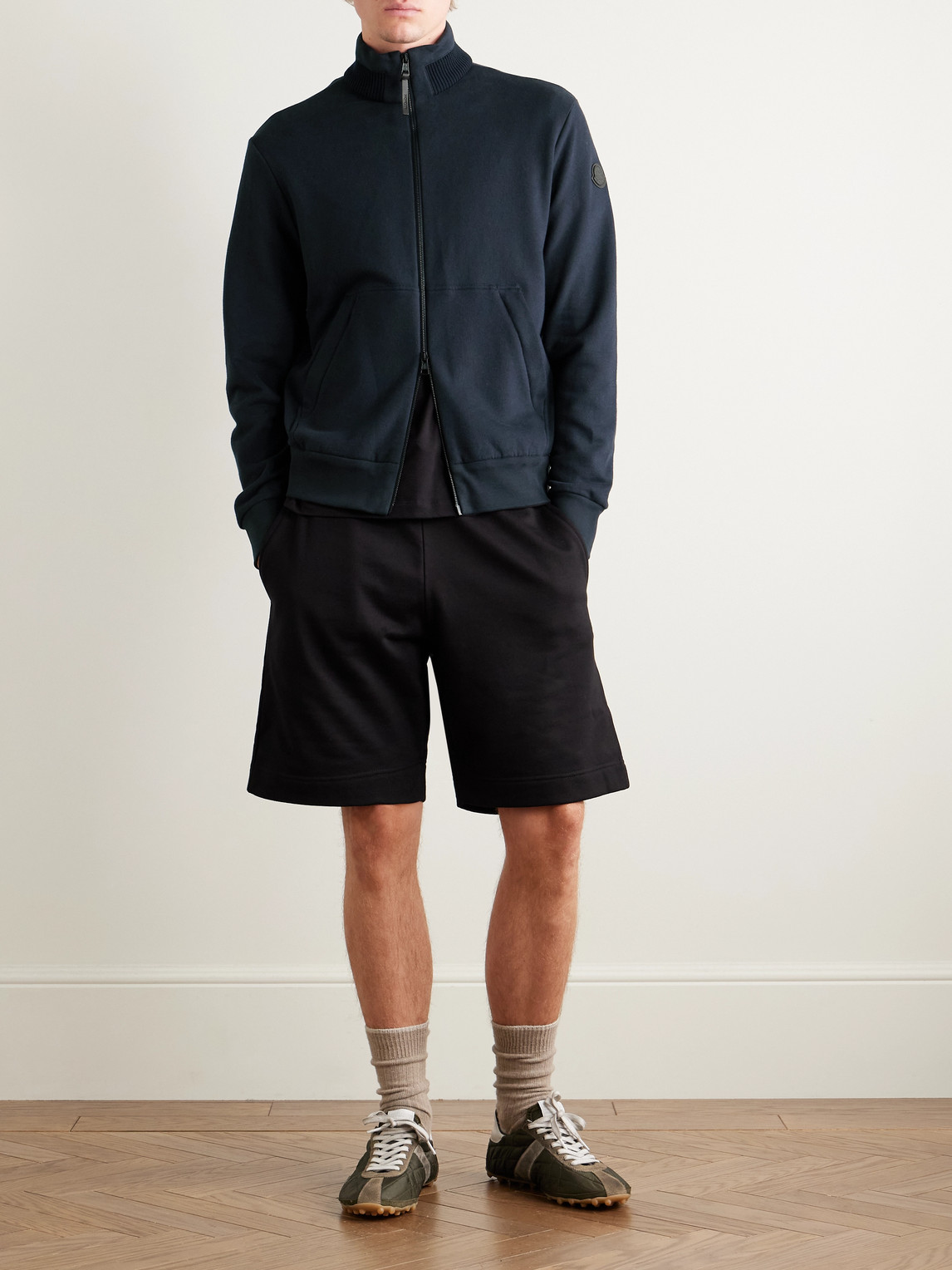 Moncler Logo-appliquéd Cotton And Cashmere-blend Jersey Track Jacket In Blue
