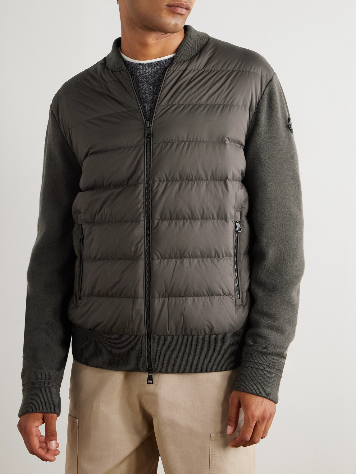 Moncler Quilted Shell-panelled Virgin Wool Down Zip-up Cardigan In Green