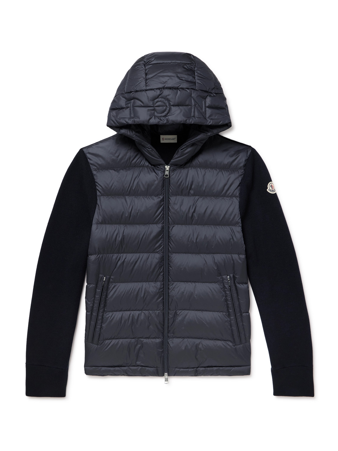 Moncler Logo-appliquéd Wool-trimmed Quilted Shell Hooded Down Zip-up Cardigan In Blue