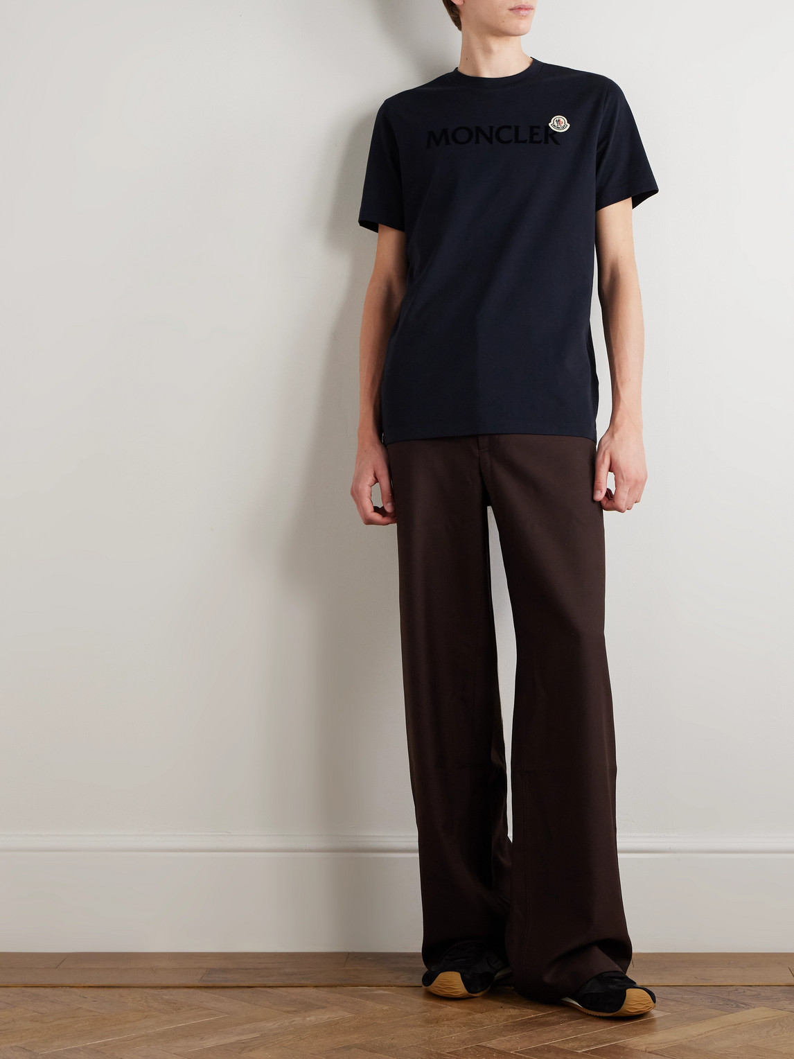 Moncler Men T-shirt With Flocked Cotton Logo In Blue