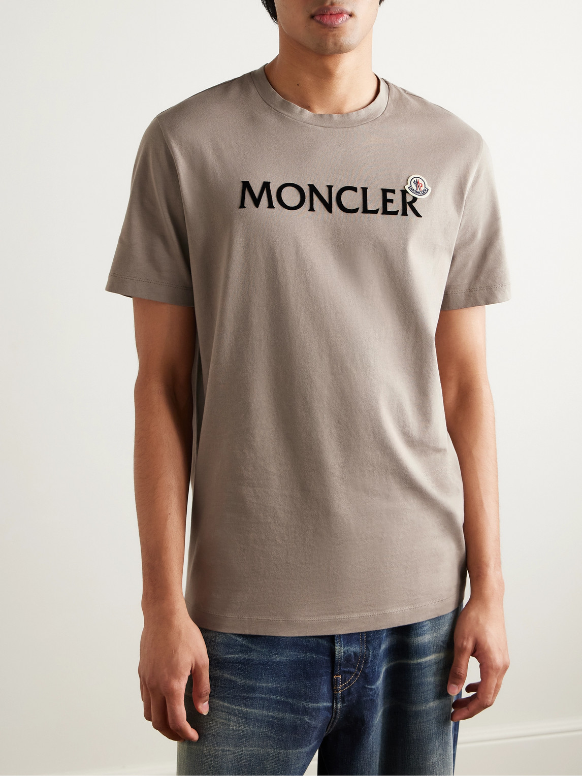Moncler Cotton Crew Neck T-shirt With Velvet Print In Neutrals
