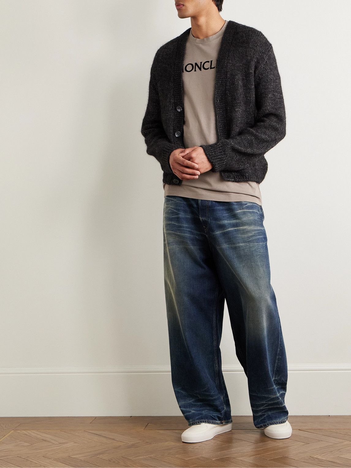 Moncler Cotton Crew Neck T-shirt With Velvet Print In Neutrals
