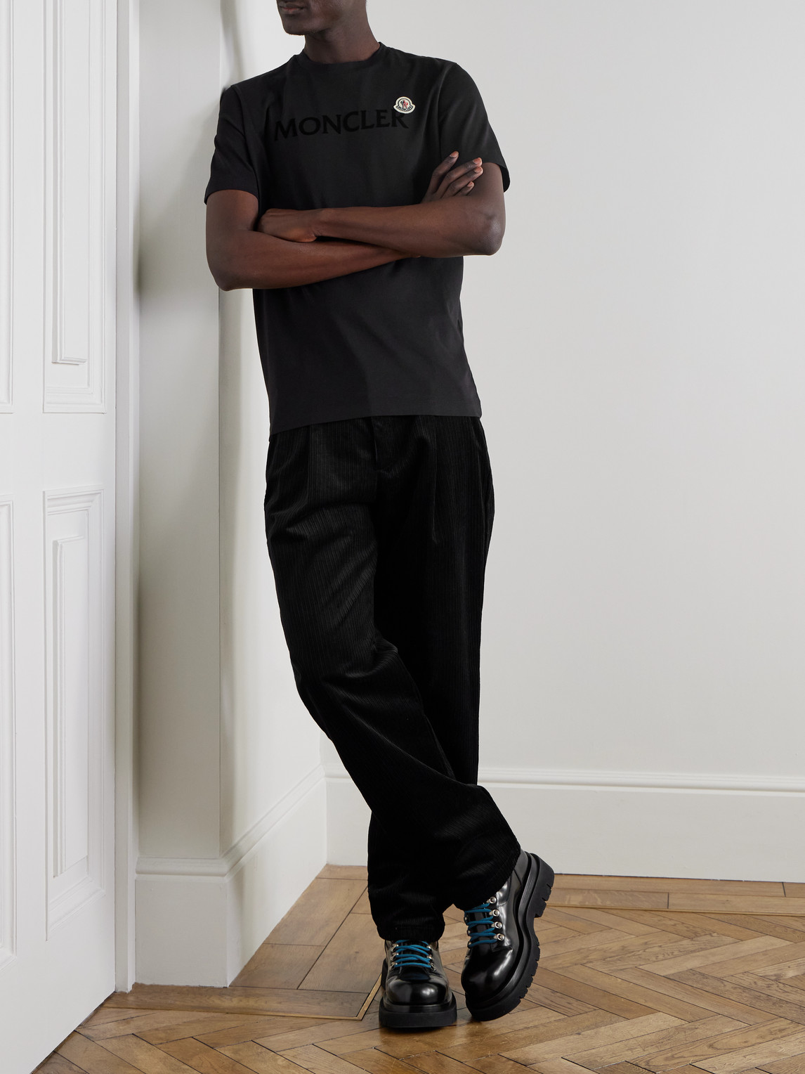 Moncler Men T-shirt With Flocked Cotton Logo In Black